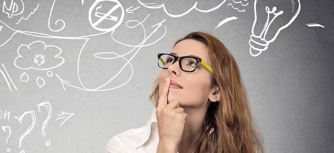 Woman thinking about ideas and solutions, illustrating the search for health, wellness, and optimization products. Informed decision-making process.